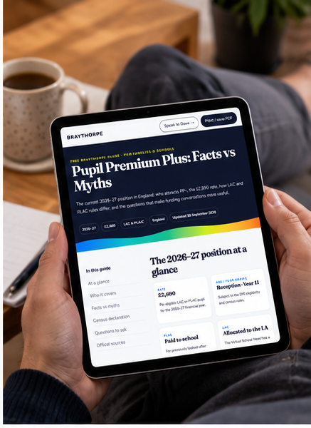 Pupil Premium Plus: Facts vs Myths shown on a tablet