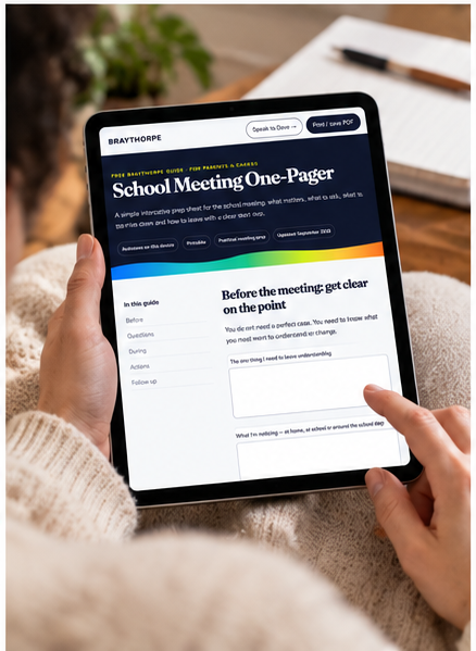School Meeting One-Pager shown on a tablet